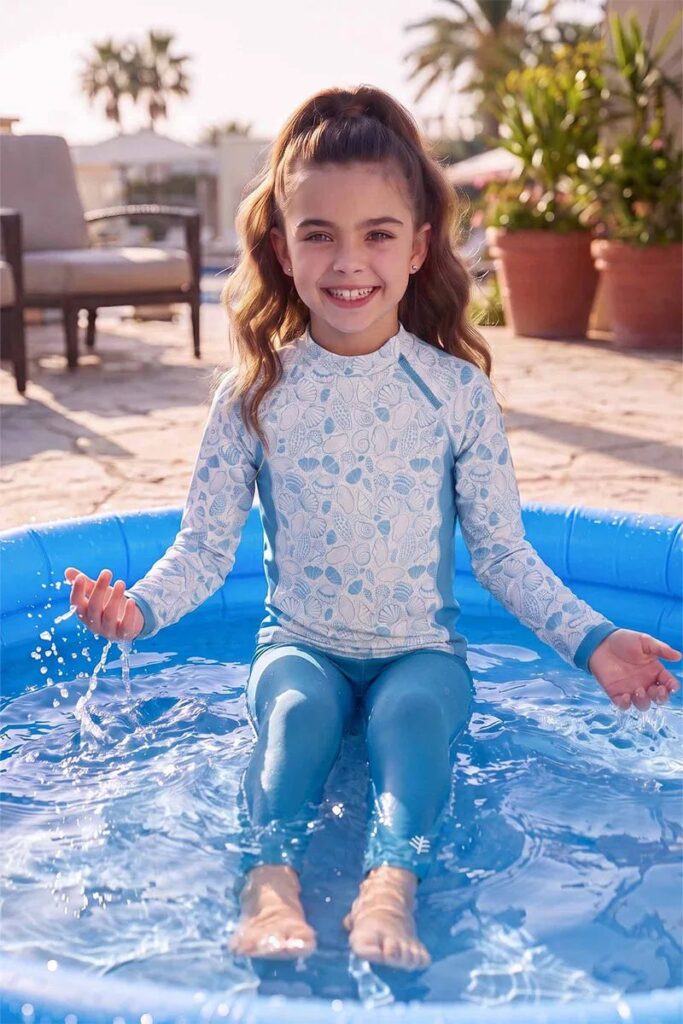Smiling girl in a long-sleeve Coolibar Wavechaser rash guard sitting in a paddling pool
