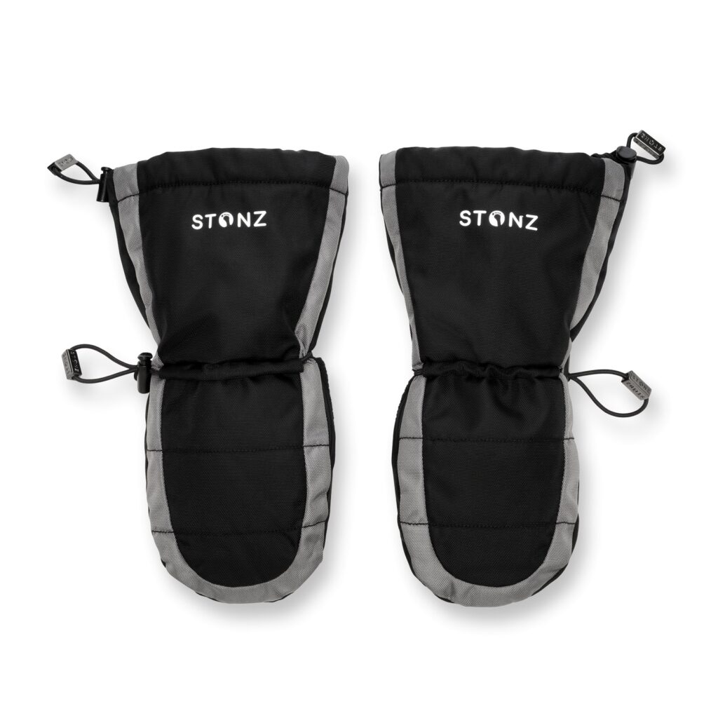 Pair of black and grey Stonz Snow Mitts with long cuffs and toggles